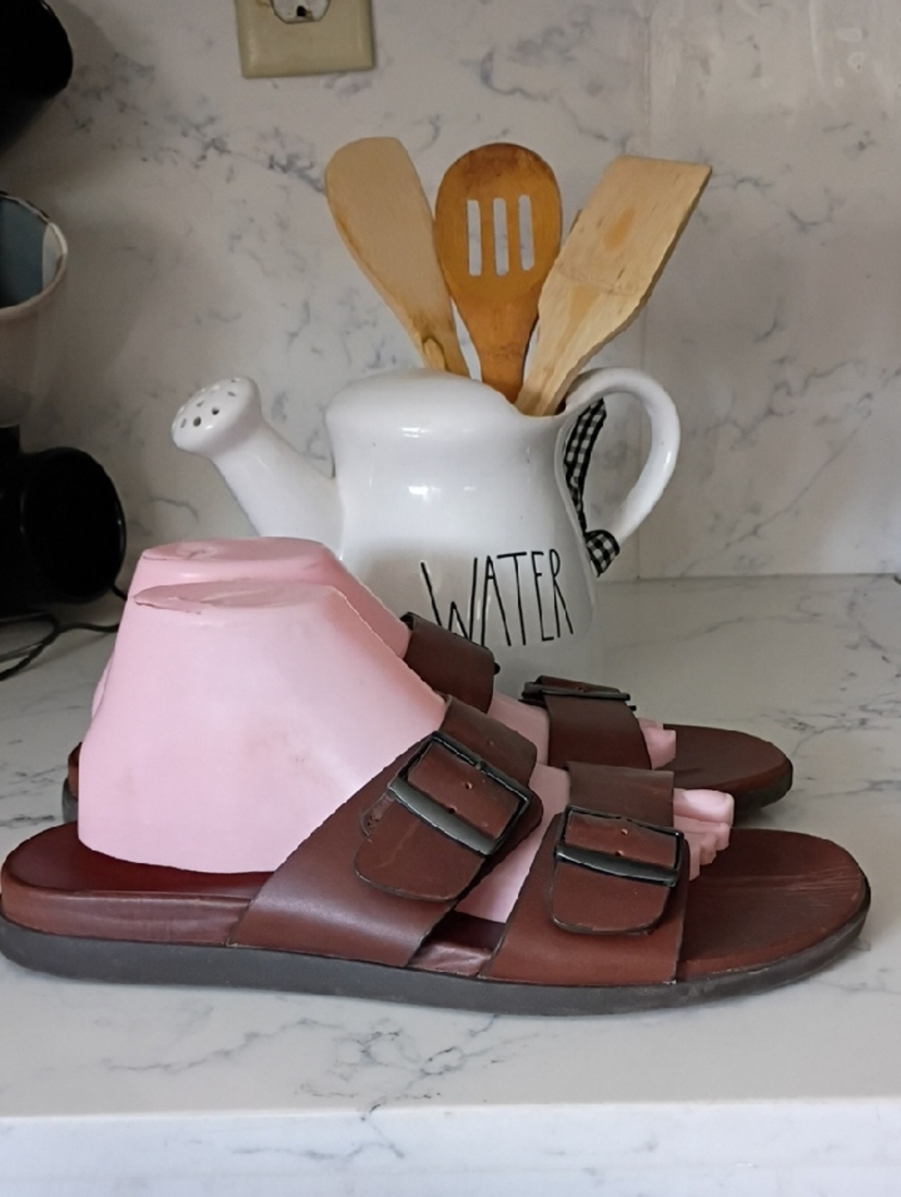 VIONIC Brown Double-Buckle Slide Leather Sandals Mens